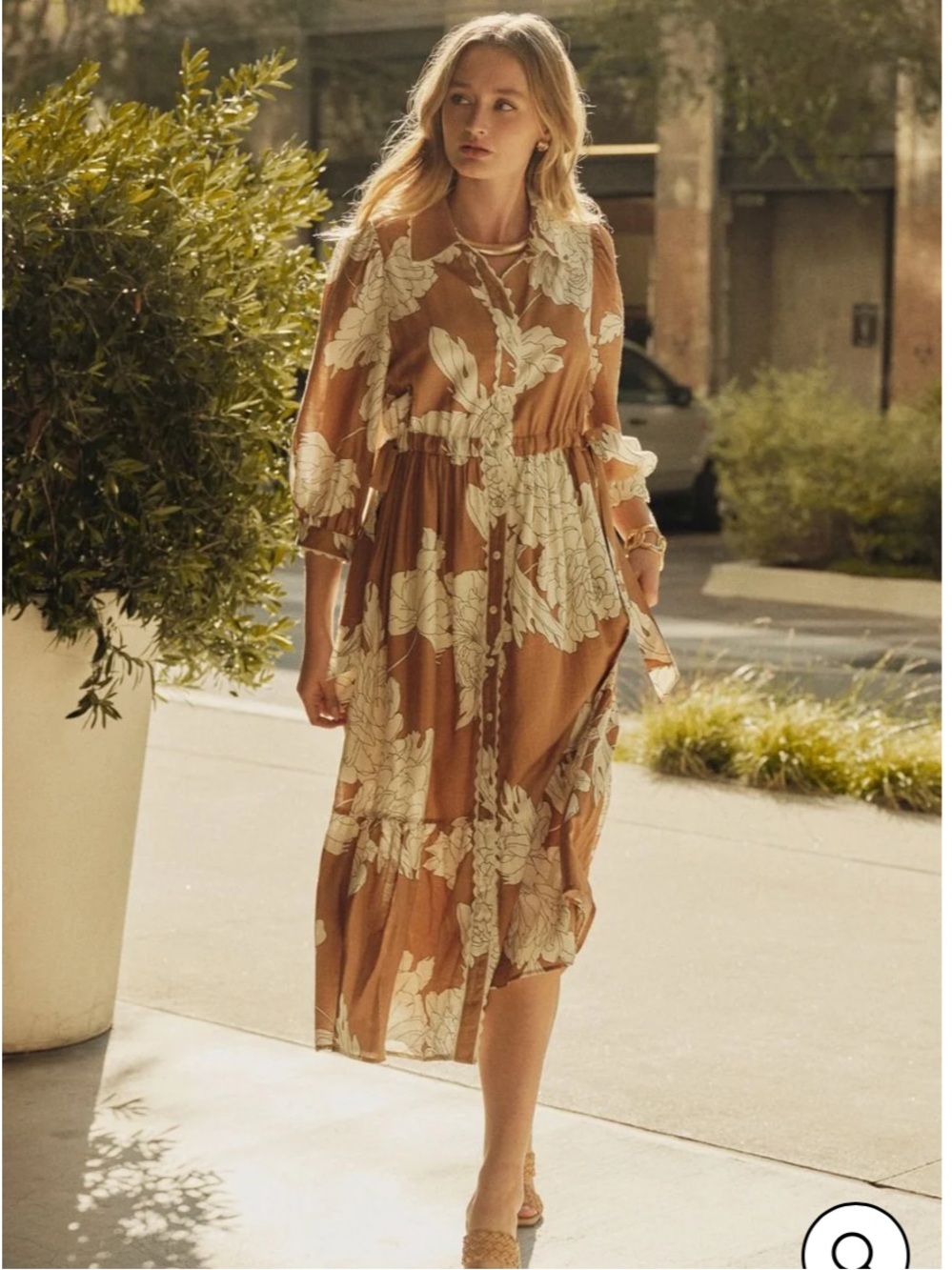 entro Tan Midi Dress with Cream Botanical Print